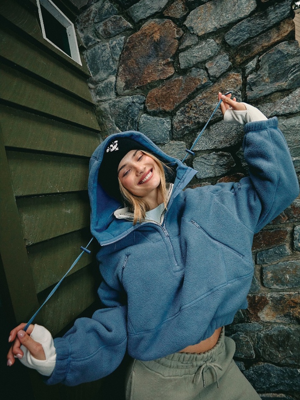 FP Movement by Free People Blue Teddy Half-Zip Hoodie Jacket